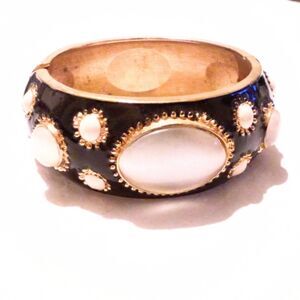 Black Enamel White Catseye Hinged Bangle Bracelet